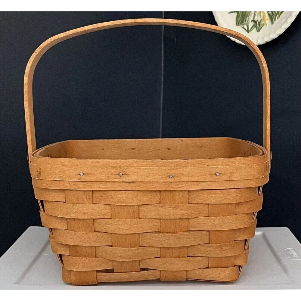 Small Longaberger Basket Wood Wooden Handled Signed Basketweave 9in